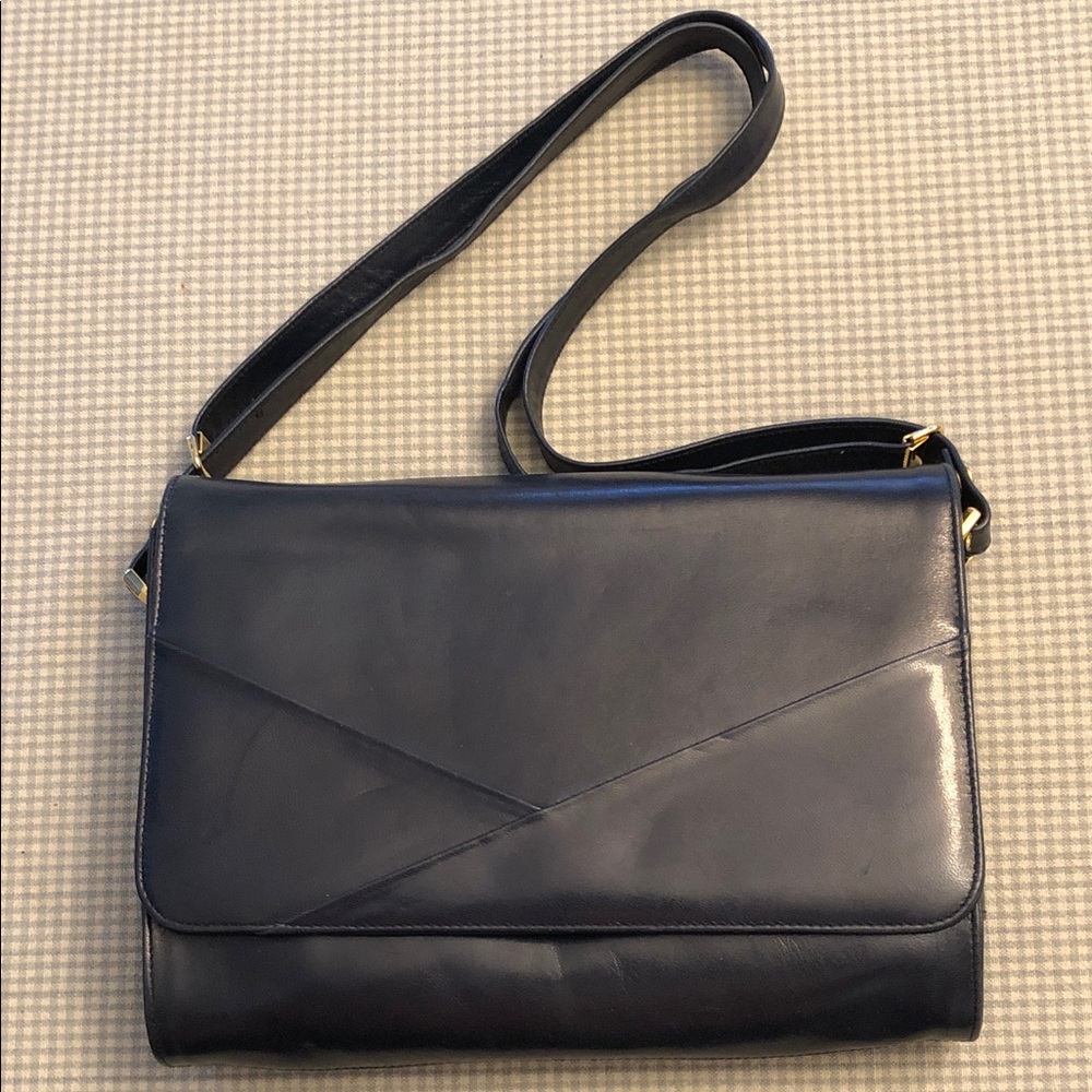 Navy Quality Leather Shoulder Bag Crossbody Tan Suede Lining Gold Hdwe #1165